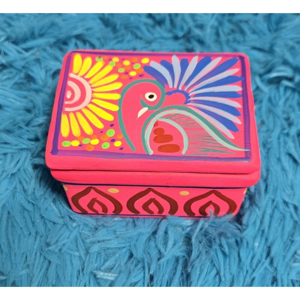 Hand Painted Peacock Clay Lidded Trinket Box Mexico Handmade Art Pottery Pink